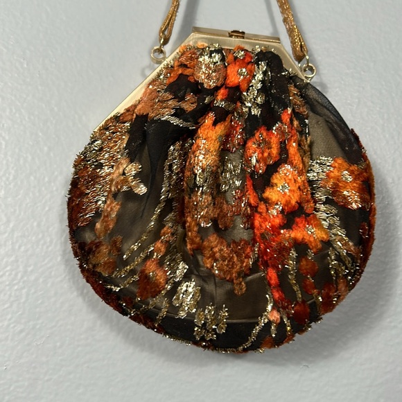 Moo Roo Vintage Gold Black Red Mesh Floral Cocktail Evening Bag - Picture 3 of 16